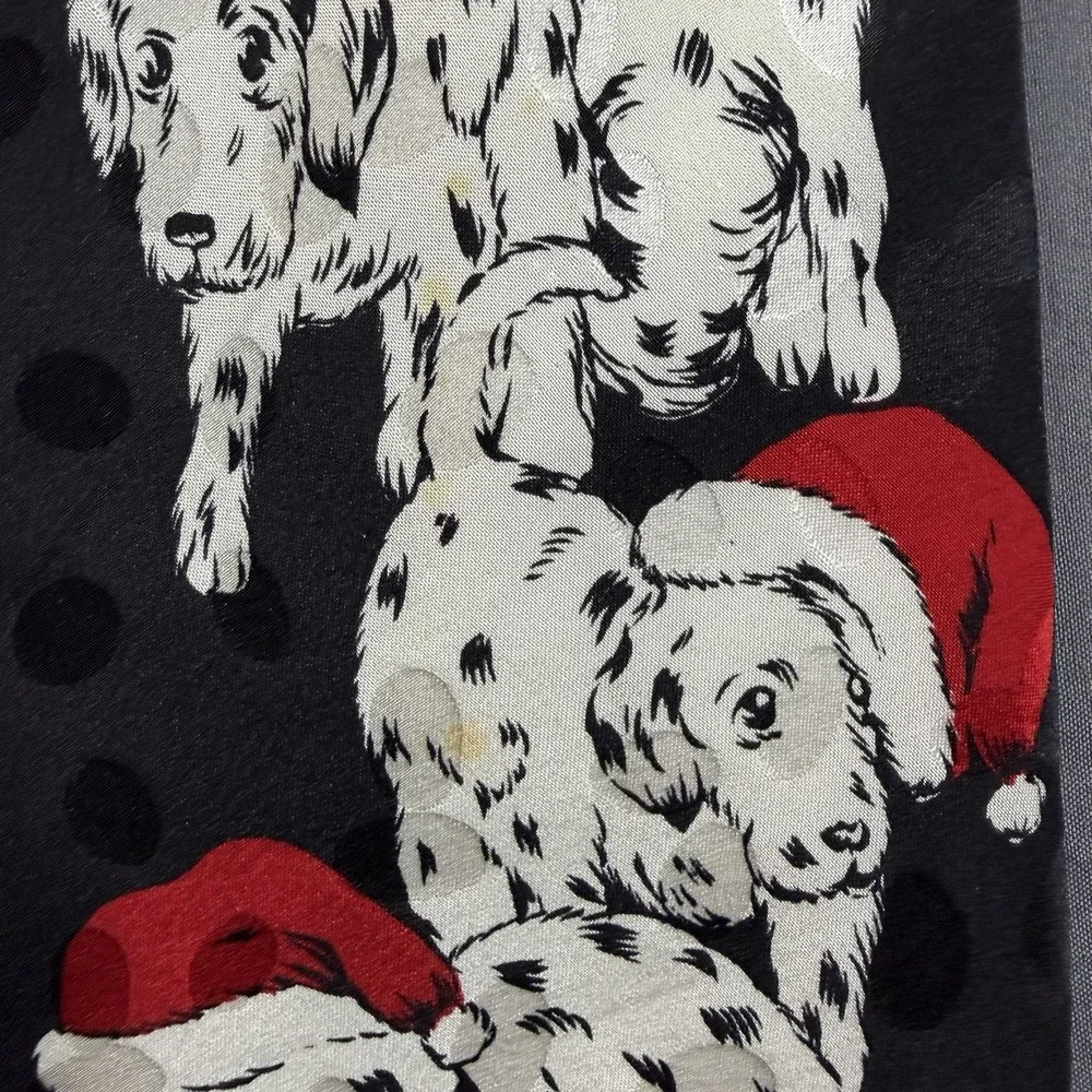 Vintage Addiction Mens Black Silk Neck Tie Dalmatian Puppies Christmas Santa Hat